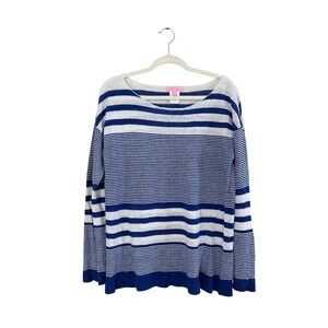 Lilly Pulitzer Striped Linen Long Sleeve Boat Neck Sweater Women's L Blue White